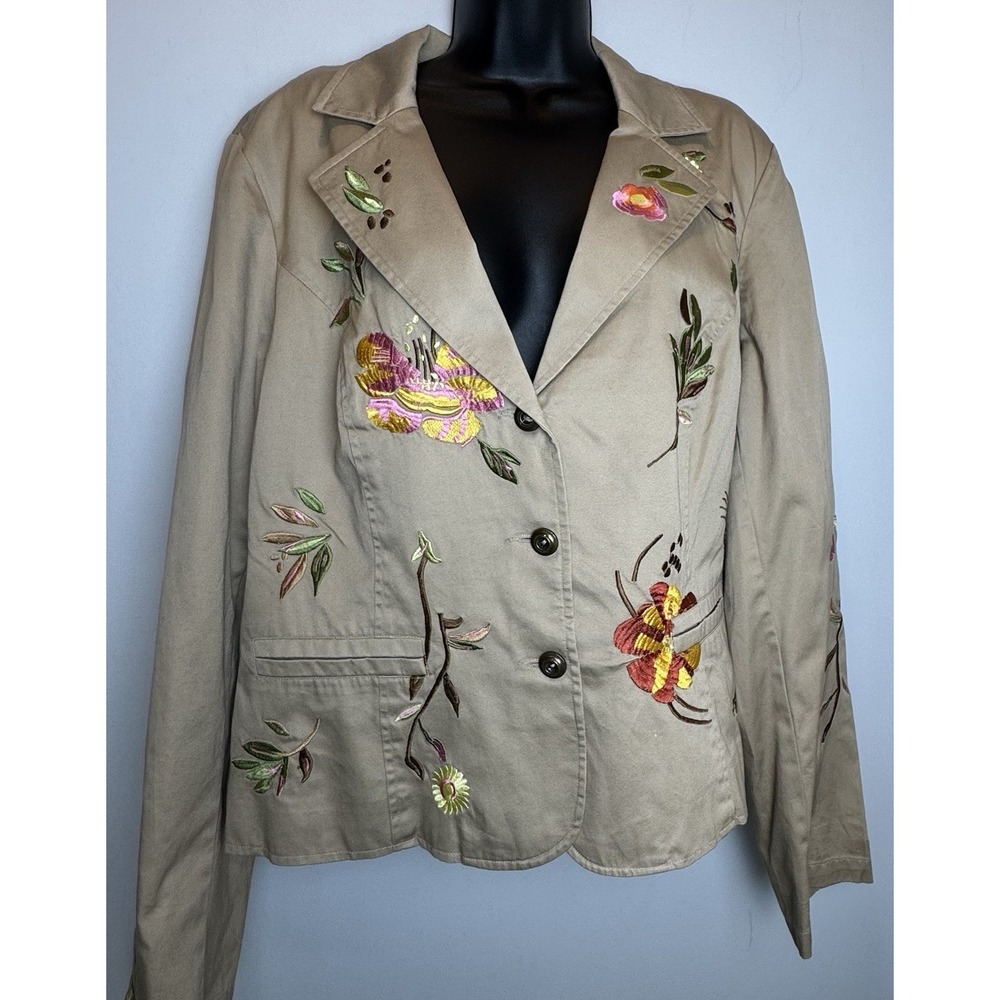 Tribal Beige Button Front Blazer Multicolored Floral Embroidery Size 16